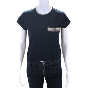 Liana Womens Fur Pocket Short Sleeves Tee Shirt Navy Blue Cotton Size Extra Smal